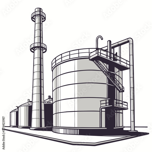 Industrial complex with large storage tanks and a tall smokestack against a white background