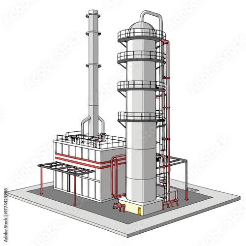 Industrial distillation tower and chimney structure with pipes and platforms on a white background