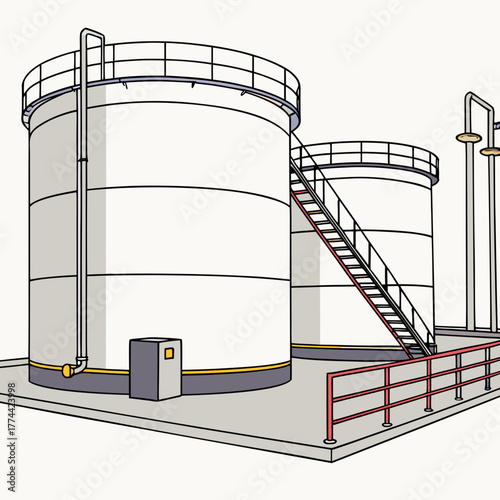 Industrial storage tanks with ladders and railings on a concrete platform against a white background