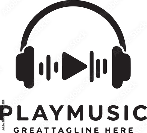 Black headphones with play button and sound waves logo on white background audio music