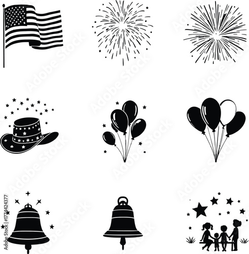A collection of patriotic and celebratory icons in black and white illustration style