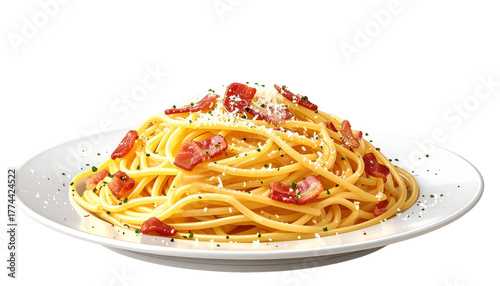 Plate of creamy carbonara spaghetti with bacon and cheese isolated on transparent background PNG