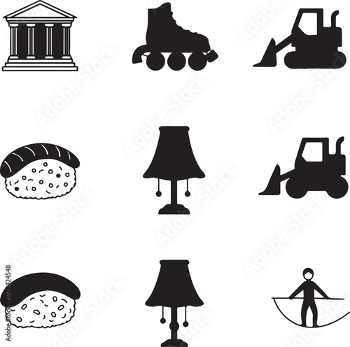Collection of Silhouetted Icons Representing Architecture Transportation Food and Recreation Keywords: building
