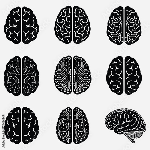 Collection of diverse brain illustrations featuring both anatomical structures and intricate circuit board patterns, symbolizing intelligence, technology, and complex thought processes