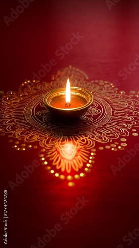 Golden Diya Lamp on Ornate Rangoli with Warm Festive Light Bokeh on a golden mandala on a red background
