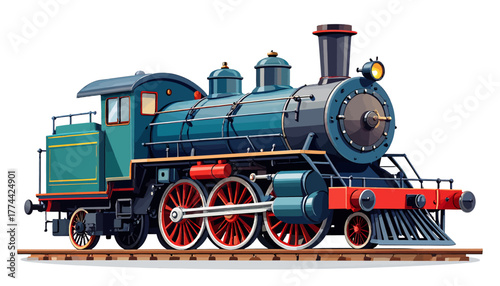 A classic blue and green steam locomotive train on tracks, isolated on white background.