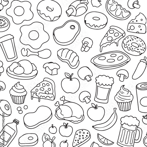 Drawn Food and Drink Pattern Seamless Background of Various Food Items vector illustration