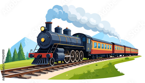 A classic cartoon steam train with a black locomotive and red passenger cars travels on tracks through a green landscape with mountains.