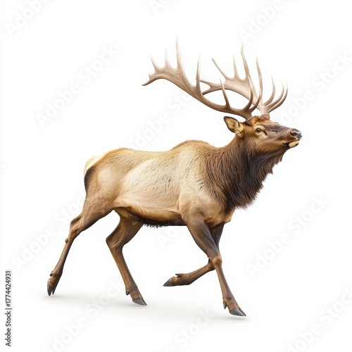 Majestic Elk Walking Gracefully Through a Bright White Background