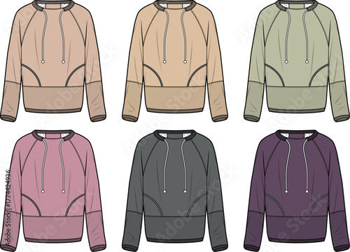 Women's hoodie fashion flat technical sketch set. Long sleeve sweatshirt with raglan sleeves, drawstring hood, and color block design. Apparel vector template
