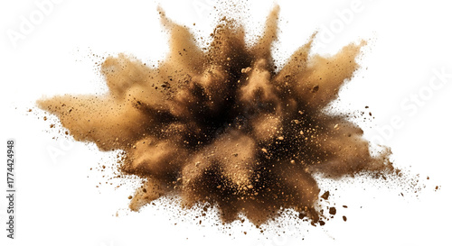 A dramatic explosion of brown dust and particles against a stark black background in a circular shape