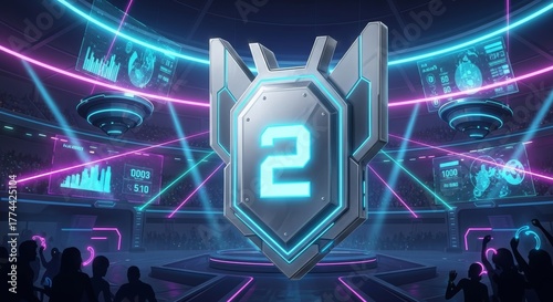 Futuristic Gaming Arena with Neon Lights and Digital Graphics