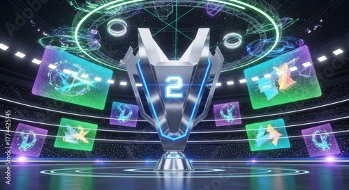 Futuristic Award Trophy in a Virtual Reality Showcase Arena