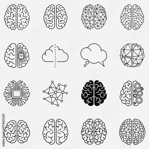 Collection of Line Art Brain Icons Symbolizing Intelligence, Thought, and Cognitive Processes