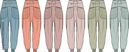Fashion technical flat sketch of women's jogger pants in a variety of colors. Apparel design template vector illustration set for casual trousers