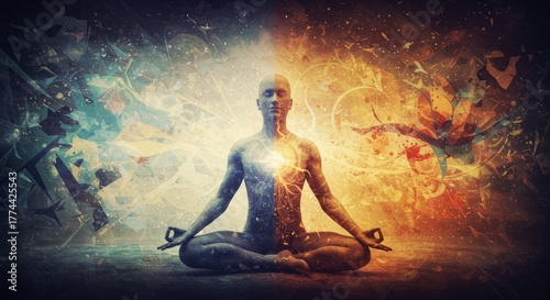 Tranquil Human Figure Meditating with Vibrant Energy Background