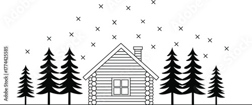 Black and white line art winter cozy log cabin evergreen pine trees illustration 