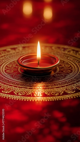 Golden Diya Lamp on Ornate Rangoli with Warm Festive Light Bokeh on a golden mandala on a red background
