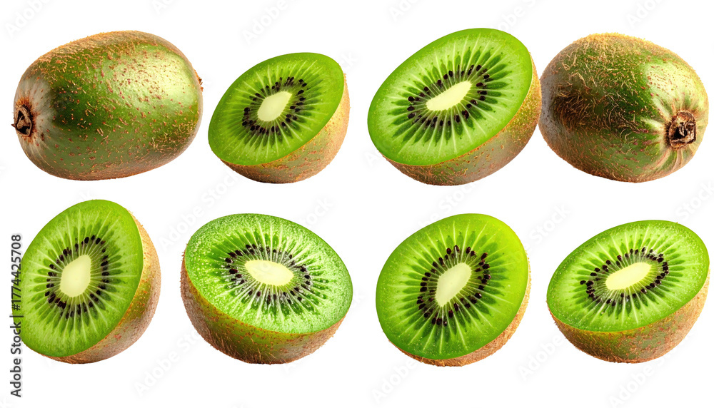 Fototapeta premium Symmetrical arrangement of kiwi fruits, both whole and halved, showcasing their vibrant green flesh against a dark background