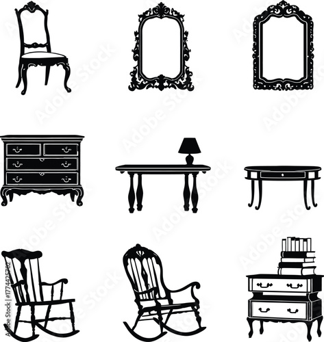 Collection of antique furniture silhouettes including chairs tables mirrors and a dresser design element