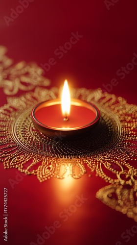 Golden Diya Lamp on Ornate Rangoli with Warm Festive Light Bokeh on a golden mandala on a red background

