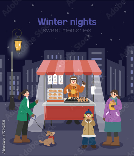 겨울밤 붕어빵 노점에서 간식 먹는 가족 일러스트
