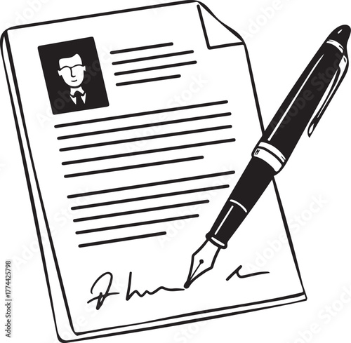 Resume document with photo and signature being signed by a fountain pen curriculum vitae job application