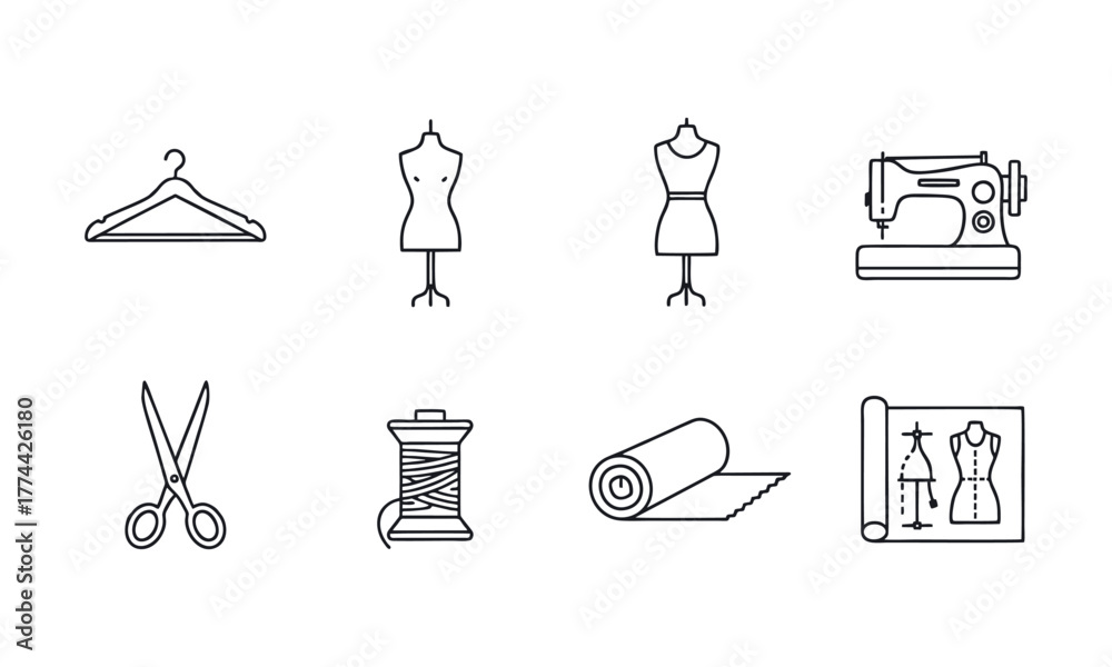 Fototapeta premium Set of textile and garment production icons such as sewing machines, rolls of fabric, mannequins, scissors, thread, measuring tape, and sewing equipment
