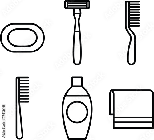 Hygiene and Personal Grooming Outline Icons Set with Soap Razor and Towel