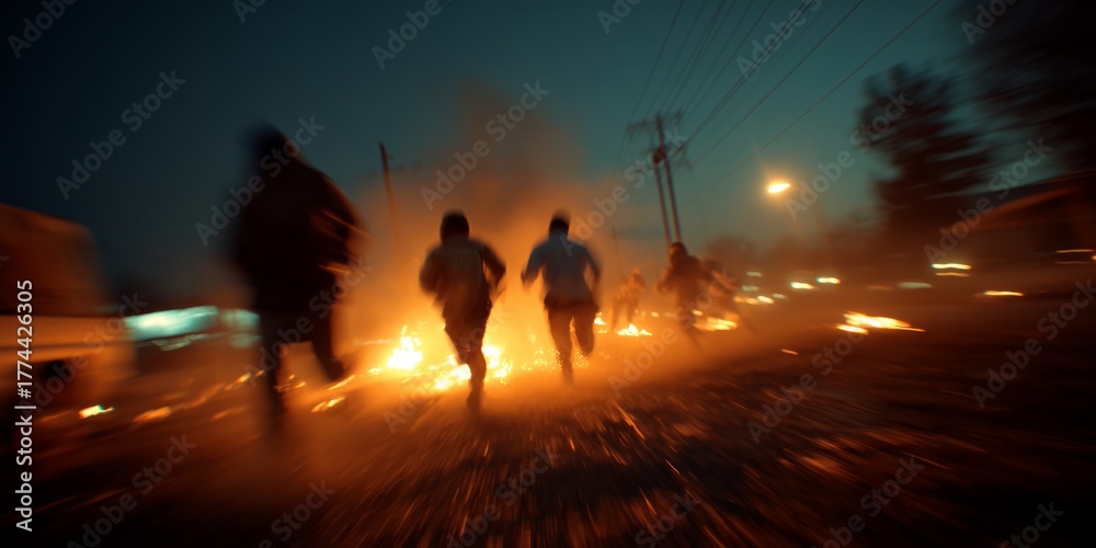 Fototapeta premium Silhouetted figures march down a dark road, illuminated by a distant fire. The dramatic scene evokes urgency, protest, and collective action.