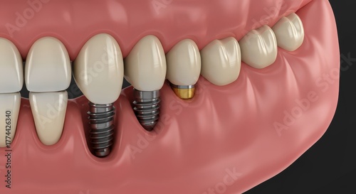 Close up anatomical illustration of dental implants supporting prosthetic teeth in a human jawbone