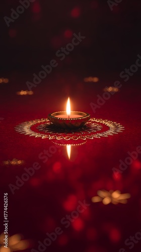 Golden Diya Lamp on Ornate Rangoli with Warm Festive Light Bokeh on a golden mandala on a red background
