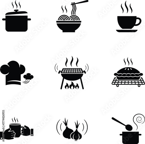 Cooking Pot Steam Silhouette Vector Icons Set on White Background