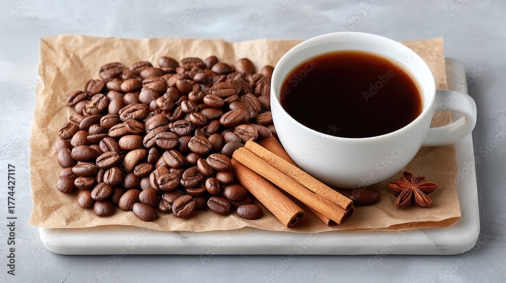 Fototapeta premium Aromatic Roasted Coffee Beans and Hot Black Coffee in a White Mug with Cinnamon Sticks and Star Anise on Kraft Paper Background