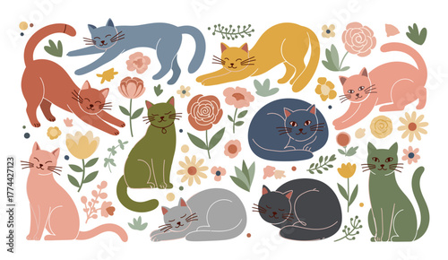 Colorful flat vector illustration of cute cats with flowers and leaves. Playful and modern design perfect for posters, textiles, stickers, greeting cards, and pet-themed projects.