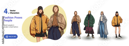Trendy fashion characters set. Modern men and women models in casual street style clothing. Flat vector illustration for posters, branding, or digital design.
