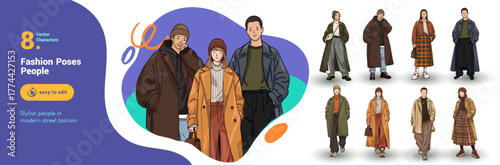 Stylish people in modern streetwear collection. Fashionable men and women wearing casual coats, jackets, and layered outfits. Flat vector illustration isolated on white.