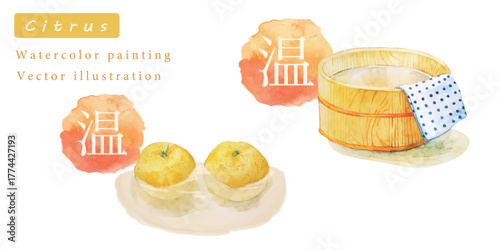 ゆずとお湯の水彩ベクターイラスト