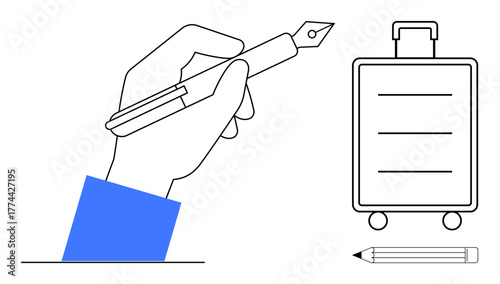 Hand holding fountain pen, suitcase, and pencil combining writing, travel, and creativity. Ideal for education, work, travel productivity creativity business aspiration. Simple flat metaphor