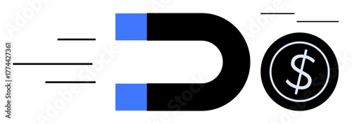 A black and blue horseshoe magnet pulling a dollar coin with motion lines. Ideal for finance, investment, wealth, success, marketing, business growth, strategy. Clean simple flat metaphor