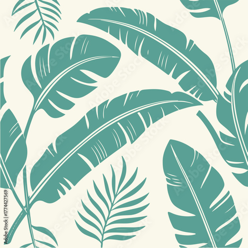 Tropical banana leaves seamless pattern in minimal vector style