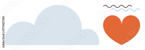 Blue cloud alongside a bright orange heart with wavy lines above, symbolizing emotions, creativity, and calm. Ideal for wellness, love, inspiration, mindfulness weather connection serenity. Simple