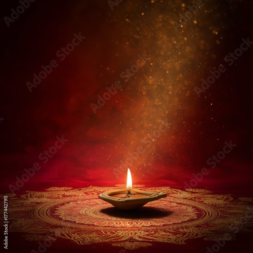 Golden Diya Lamp on Ornate Rangoli with Warm Festive Light Bokeh on a golden mandala on a red background
