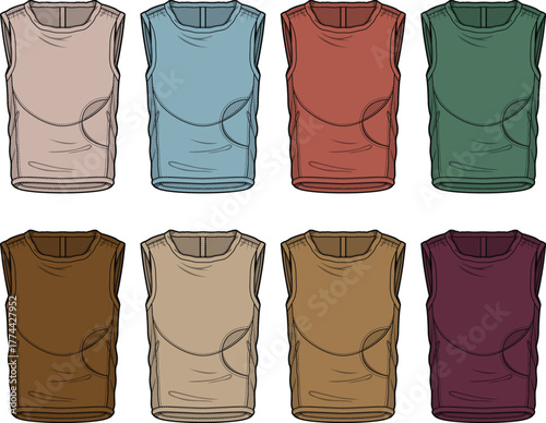 Collection of colorful sleeveless t-shirt fashion flat sketches. Vector apparel design templates for clothing manufacturing and mockups