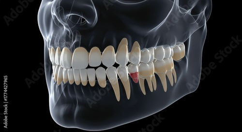 3d rendering of human skull showing diseased teeth and gums with inflammation and bone loss