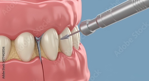 Close up dental drill working on a human tooth in a realistic mouth model for dental procedures