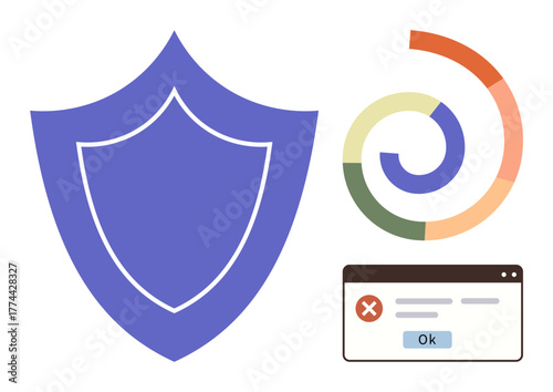 Purple shield, error notification window, and circular chart. Ideal for cybersecurity, data protection, risk management, system analysis, antivirus online safety IT solutions. Simple flat metaphor