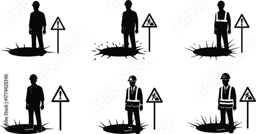Construction worker, equipped with safety gear, standing near a dangerous hole or pit with a warning sign, workplace hazard, safety compliance silhouette.