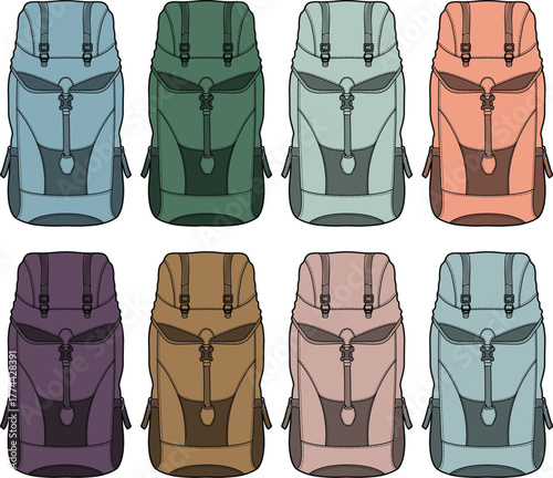 A vibrant collection of colorful backpacks, each designed for outdoor adventures and everyday travel needs