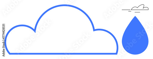 Blue cloud outline with raindrop and small flying cloud. Ideal for weather, water, climate, rain, environmental awareness, data storage, sustainability. A simple flat metaphor
